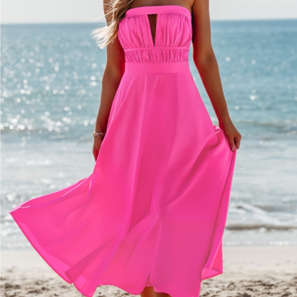 Popvil Solid Color Cut Out Strapless Vacation Midi Dress